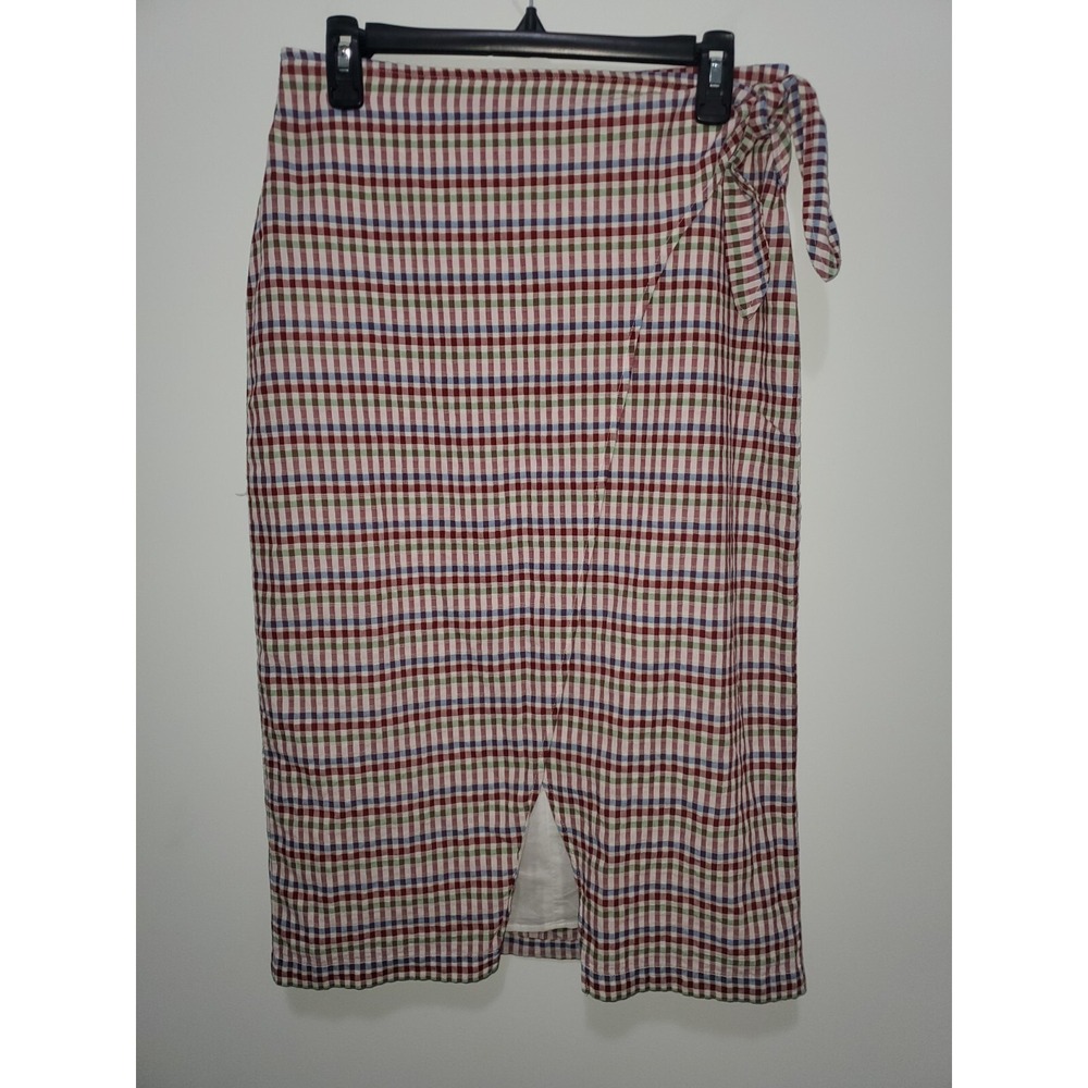 Madewell size 6 Pencil Midi Wrap Plaid Skirt Tie side Cotton